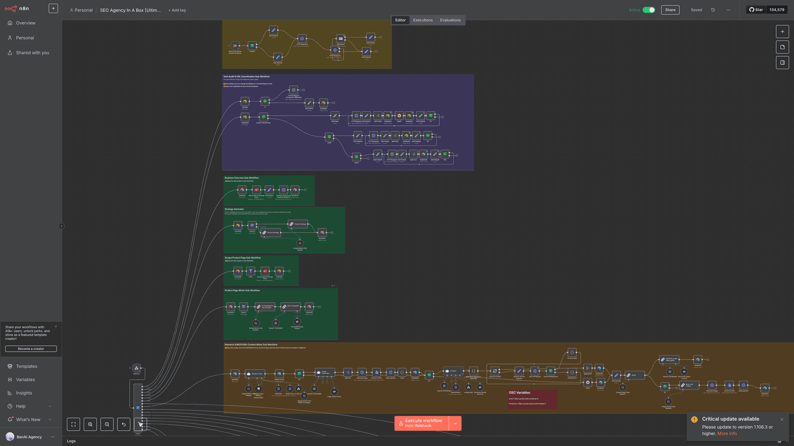 One of the real flows — a multi-agent SEO system, not a toy example.