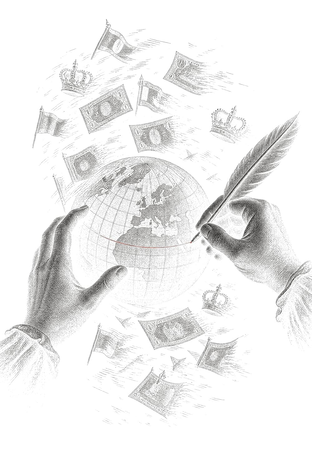 Two hands drawing a border across a globe while banknotes and crowns dissolve into lines