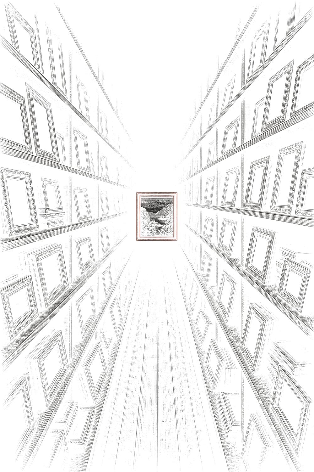 An endless library of empty frames, one of them lit and holding a landscape