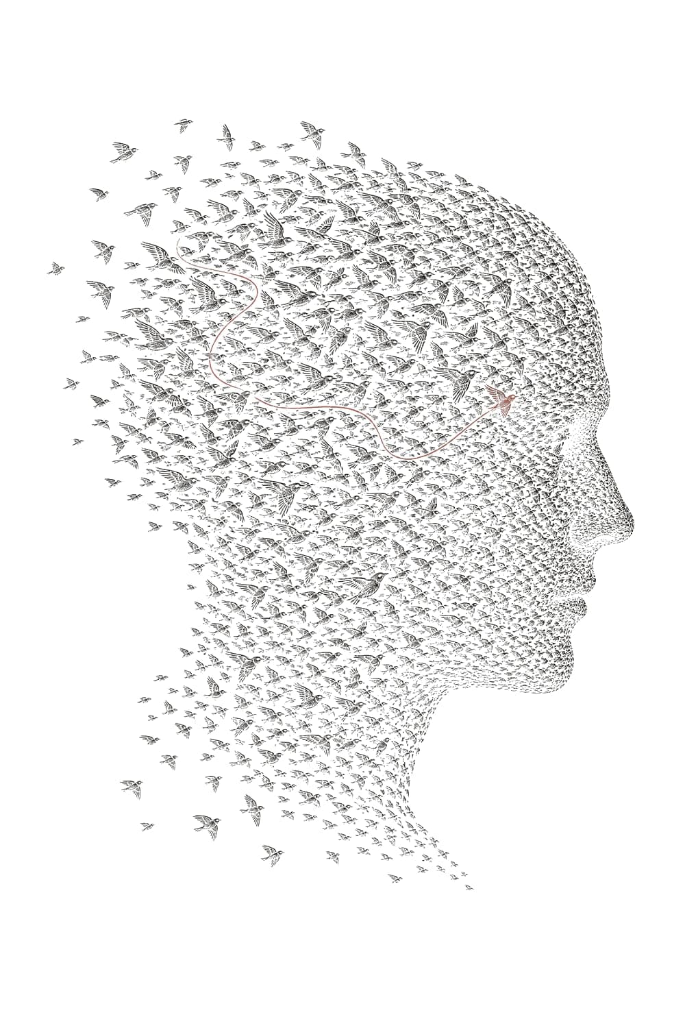 A murmuration of starlings forming the profile of a human head