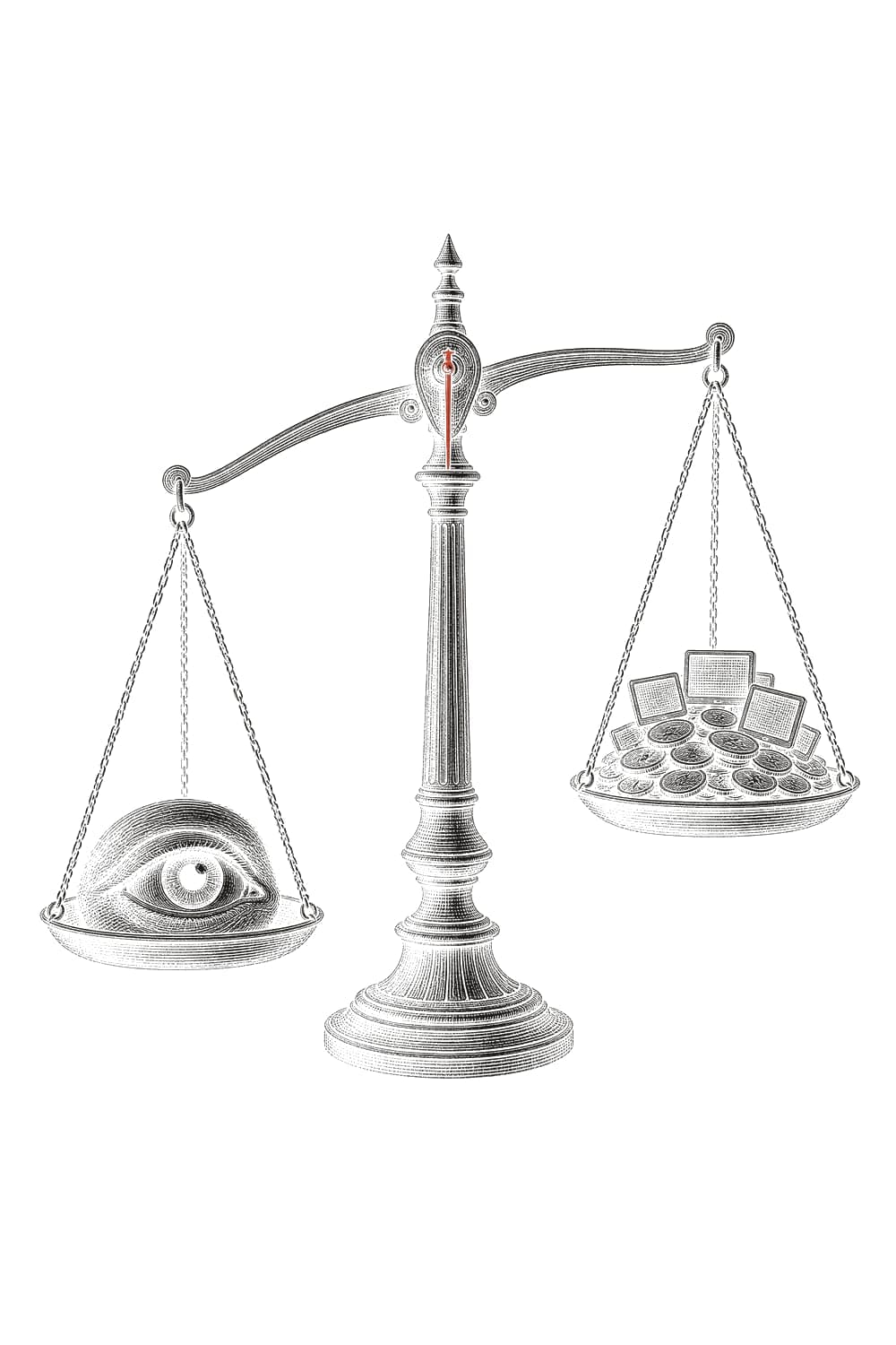 A brass balance weighing a human eye against coins and small glowing screens