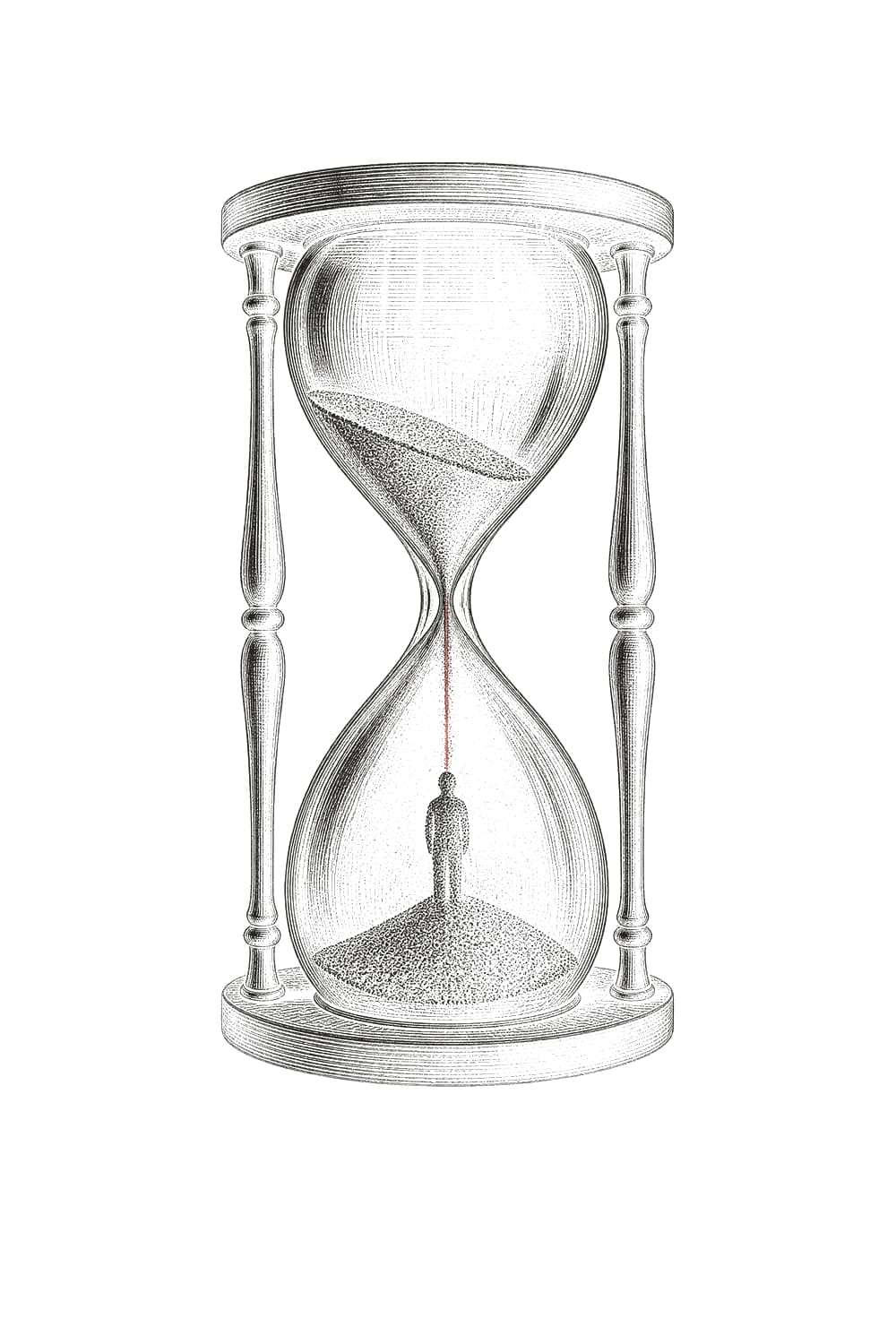 An hourglass whose falling sand forms a small standing person