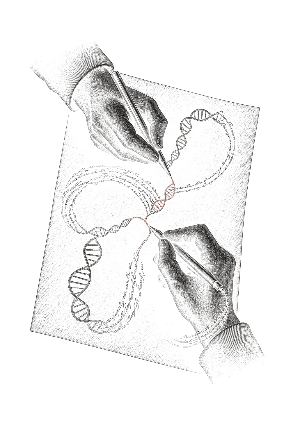 Two hands drawing each other, the lines turning into strands of DNA and handwriting