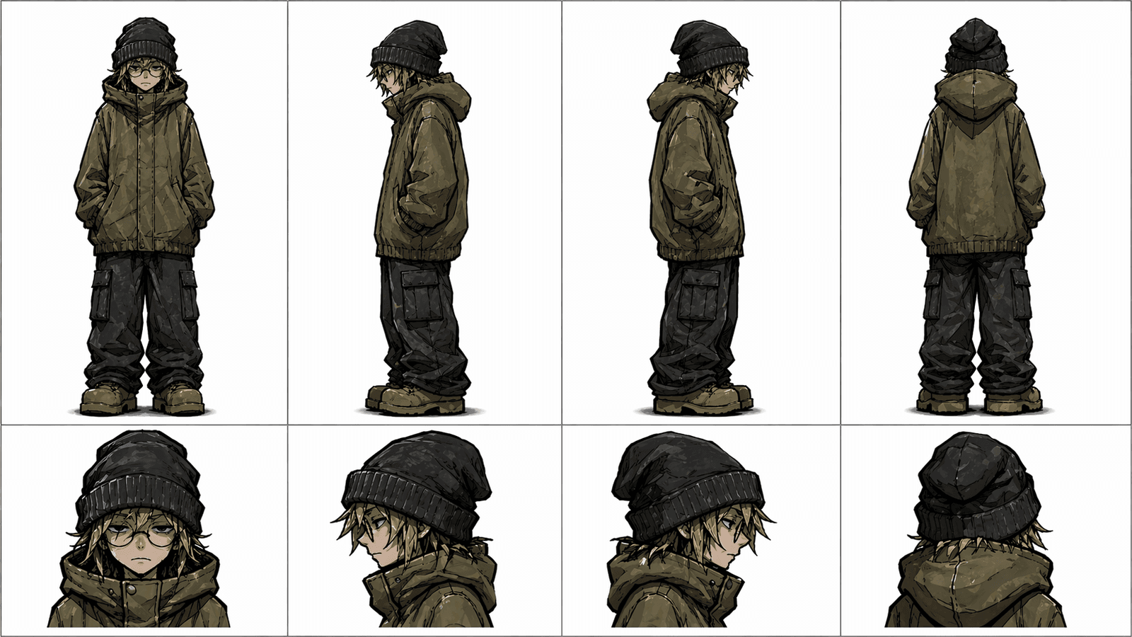 Character A reference sheet: front, profiles and back