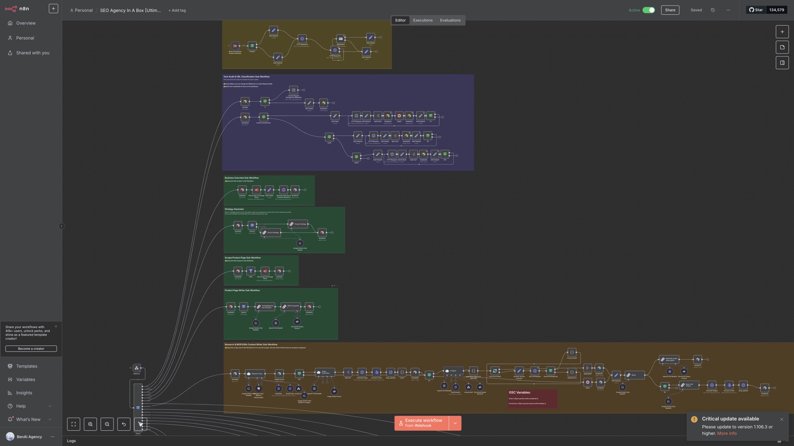 One of the real flows — a multi-agent SEO system, not a toy example.